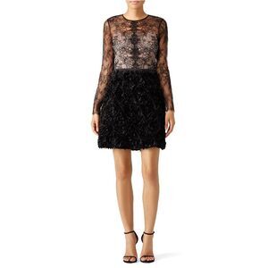 nha khanh Angelica Lace Swan Long Sleeve Crewneck Mini Dress Black 0